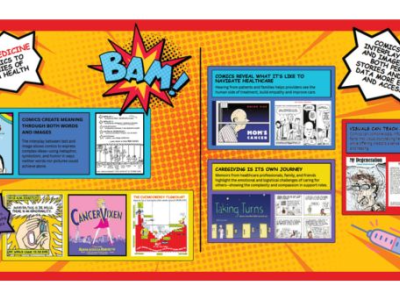 Colorful collage of five graphic medicine book covers and pages