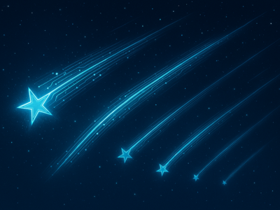 A row of shooting stars that look like they are made of computer data streams.