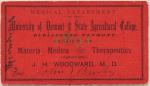 Red colored medical ticket with black lettering dated 1891.