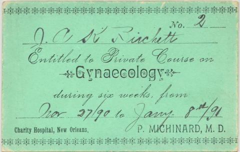 Green colored medical ticket with black lettering dated 1890-1891.