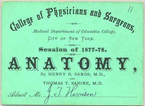 Green colored medical ticket with black lettering dated 1877-1878.