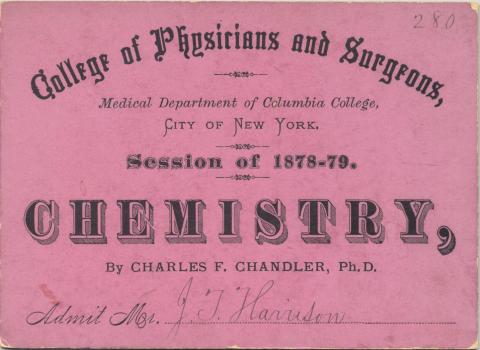 Pink colored medical ticket with black lettering dated 1878-1879.