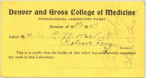 Yellow colored medical ticket with black lettering dated 1906-1907.