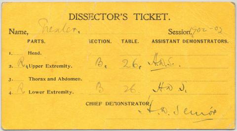 Yellow colored medical ticket with black lettering dated 1902-1903.