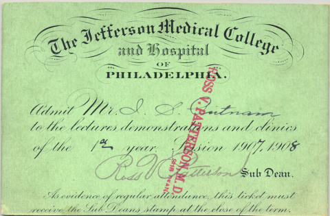 Light green colored medical ticket with black lettering dated 1907-1908.