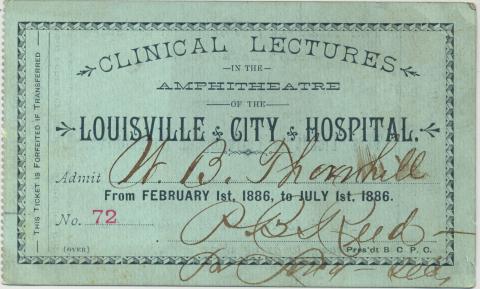 Green colored medical ticket with black lettering dated 1886.