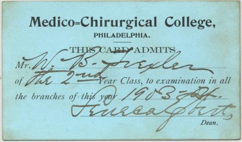 Light blue medical ticket with black lettering dated 1903-1904.