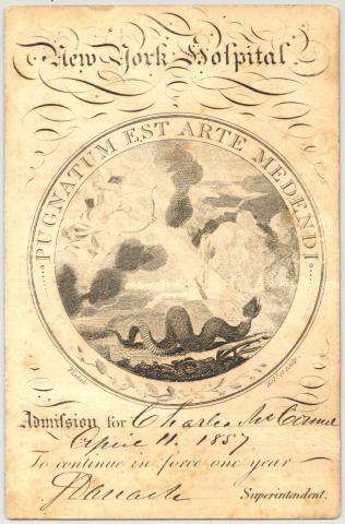 Light brown medical ticket with black script lettering dated 1857.