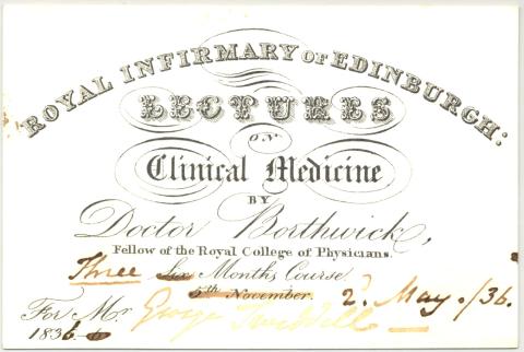 White colored medical ticket with black lettering and brown handwriting dated 1836.