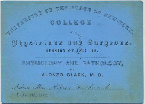 Blue colored medical ticket with black lettering dated 1847-1848.