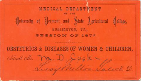 Orange colored medical ticket with black lettering dated 1870.
