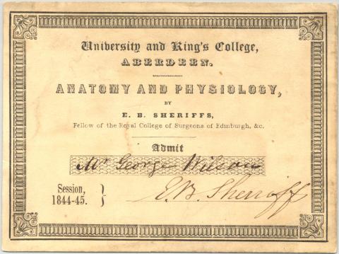 Tan colored medical ticket with black lettering dated 1844-1845.