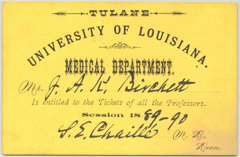 Yellow colored medical ticket with black lettering dated 1889-1890.