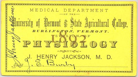 Yellow colored medical ticket with black lettering dated 1892.