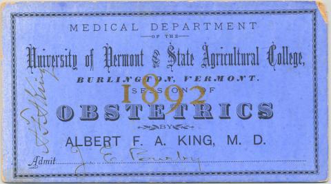 Blue colored medical ticket with black lettering dated 1892.