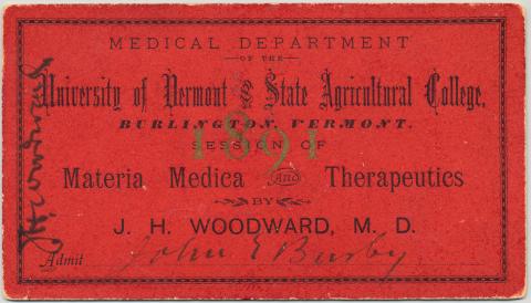 Red colored medical ticket with black lettering dated 1891.