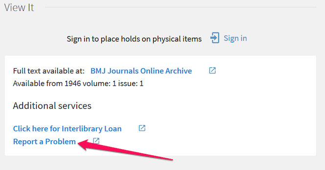 Report a problem link in the library catalog record.