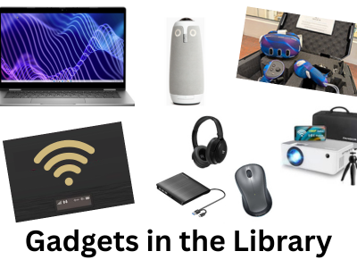 Various technology devices for checkout at the library: include a laptop, hotspot, VR headset, projector, and other meeting equipment.
