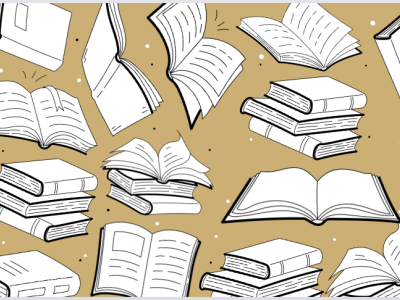 Black and white cartoon books in stacks with a CU gold background.