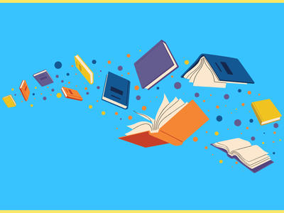 Open books floating across a blue background with pages turning and colorful accents.
