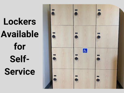 Lockers in the library with text Lockers Available for Self-Service.