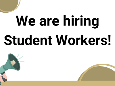 Hiring student workers announcement with cartoon hand holding bullhorn.