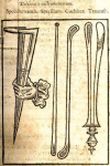 Yellowing book page showing ear cleaning instruments including ear speculum, probe, and cochlear forceps.