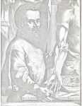 Black and white portrait of Andreas Vesalius shown holding an arm from De humani corporis fabrica