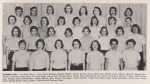 A black-and-white group photo of 31 young women arranged in four rows dressed in modest 1950s-era tops and skirts. The caption reads “HARDING HALL” followed by names of the women.