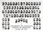 Black-and-white student portraits are featured in seven rows and represent the University of Colorado School of Medicine Class of 1959 which is displayed in text in the bottom center of the image.