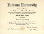 Scanned copy of a PhD diploma issued to Bonnie Webb Camp from Indiana University of June 14, 1954.