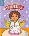 My First Picture Book cover, an illustrated toddler with curly brown hair sits with a birthday cake with a single lit candle. The background is purple with colorful stars scattered throughout.