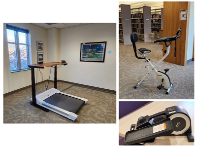 pictures of walk station, bike station, and a floor elliptical for pedaling