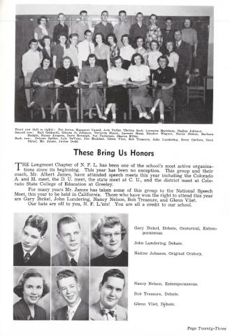 Yearbook page showing a group photo of 27 people with captioned names, a section titled 'These Bring Us Honors' about Longmont High's N.F.L. chapter, and six individual portraits of members with names and titles.