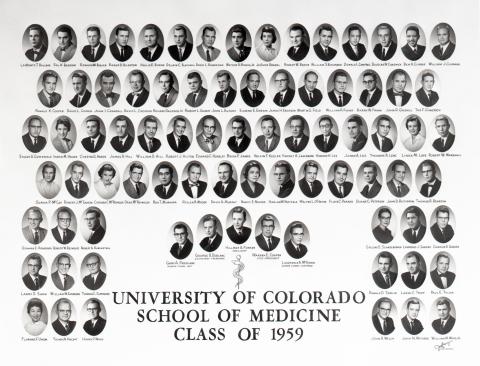 Black-and-white student portraits are featured in seven rows and represent the University of Colorado School of Medicine Class of 1959 which is displayed in text in the bottom center of the image.