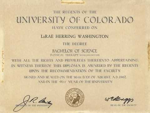 LaRae Kemp's Bachelor of Science diploma in Physical Therapy from the University of Colorado. Dated August 26, 1967.
