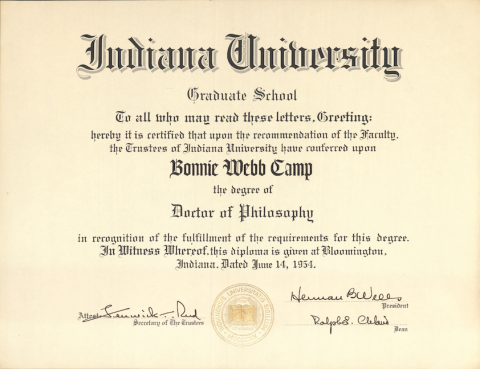 Scanned copy of a PhD diploma issued to Bonnie Webb Camp from Indiana University of June 14, 1954.