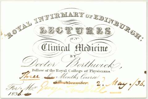 Royal Infirmary of Edinburgh lecture ticket 1836