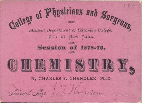 Chemistry lecture ticket from Columbia University, 1878