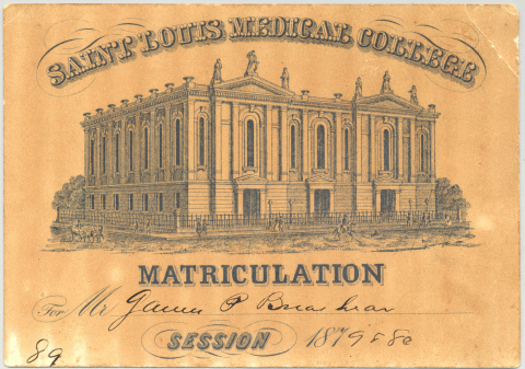 Matriculation ticket from St Louis Medical School 1879