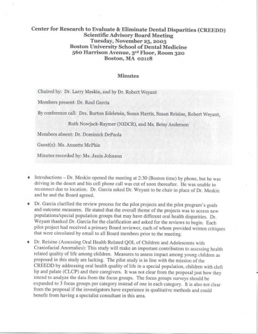 CREEDD meeting minutes from a Scientific Advisory Board meeting from November 25, 2003