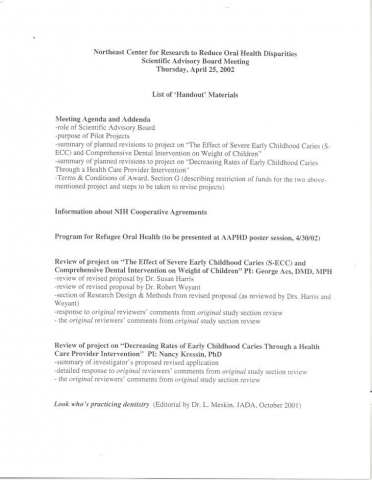 A meeting handout from April 25, 2002 for the Northeast Center for Research to Reduce Oral Health Disparities, which would later