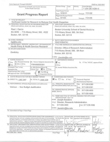 The first page of a grant progress report from April 2005 by Dr. Raul Garcia