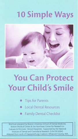 The front of blue and purple brochure titled “10 Simple Ways You Can Protect Your Child’s Smile” 