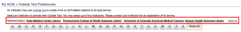 My NCBI preferences showing multiple libraries added to the Outside Tool selection.