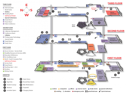 Strauss Library floor plan with perks & amenities labeled.