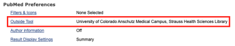 My NCBI PubMed Preferences showing Outside Tool link and showing Strauss Library selected.