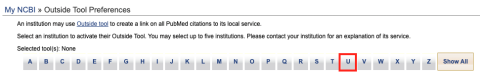 My NCBI Outside Tool Preferences showing the letter U highlighted.