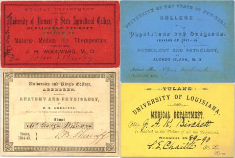 A series of colorful medical lecture tickets.