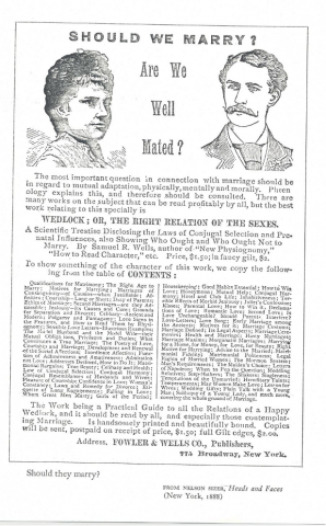 An advertisement for using phrenology to test compatibility for marriage